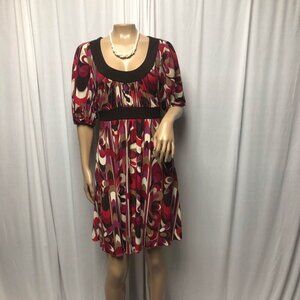 My Michelle Dress Womens Size Medium Multicolor Brown Trim Puff Sleeves Vintage